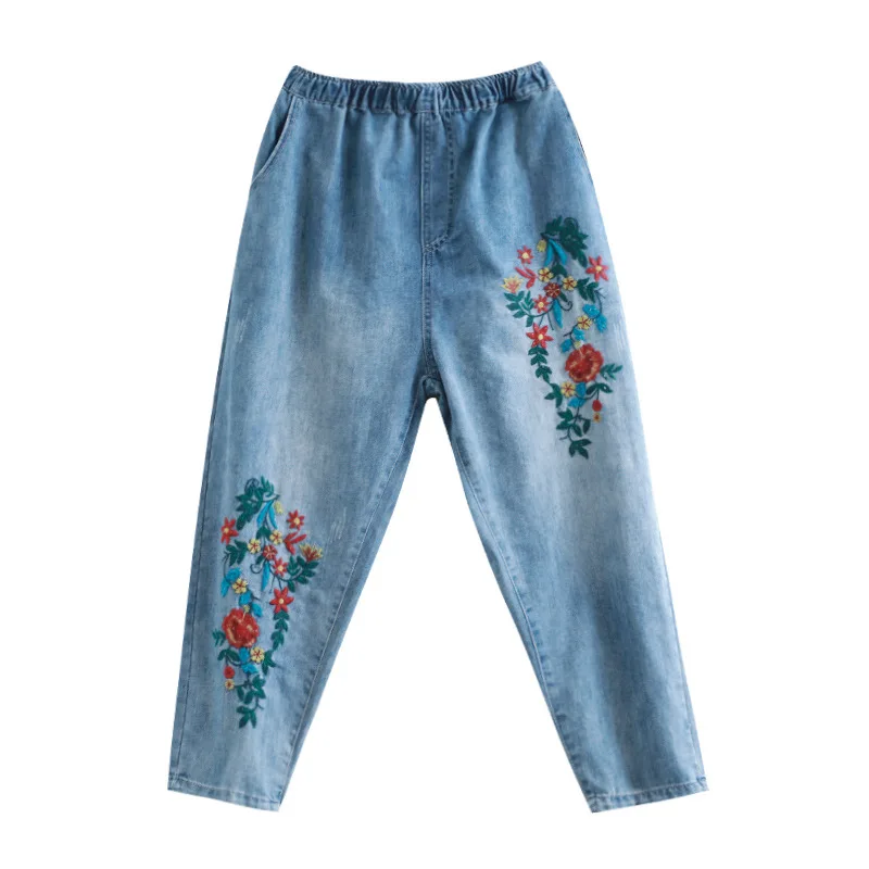 

Masss Wasss 2021 New Fashion Style Women Embroidery Floral Jeans Ladies Elastic Vintage Denim Pants Girl Cuffs Trousers Big Size