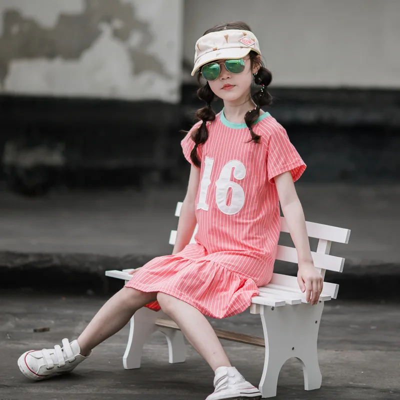 4 6 8 10 12 14 16 Yrs Summer Stripe Letter Printed Girls Dress Children Cotton Ruffle Dresses Teen Casual Sport Clothes | Детская одежда