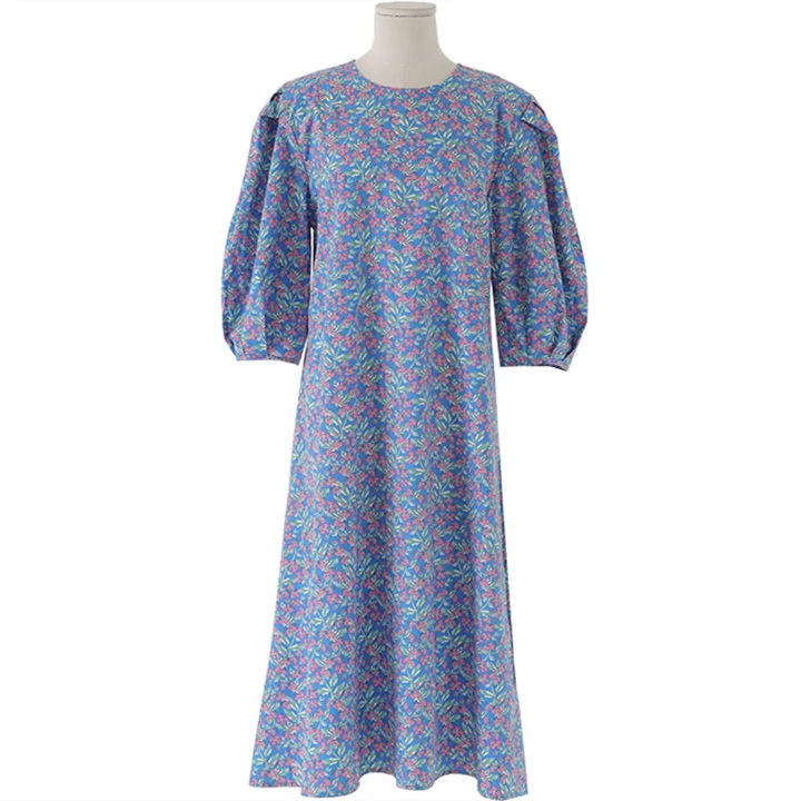 

Korean Style Ins Spring Fresh Oil Painting Small Floral Loose round Neck Lantern Sleeve Short Sleeve Dress Long Skirt for Women