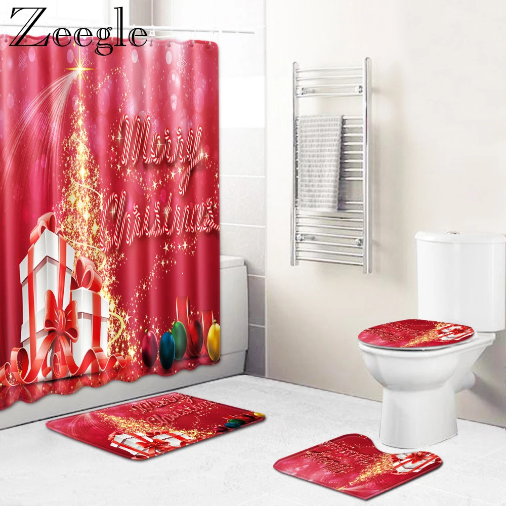 

Zeegle Merry Christmas Shower Curtain Bathroom Curtain Absorbent Toilet Rug Foot Mat Washable Bathroom Rug Non-slip Bath Mat Set