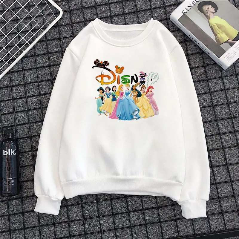 

Disney Woman Pullovers Tops Kawaii Princesses Cartoon Print Sweatshirts Ladies Sprint Autumn Harajuku Long Sleeve White Hoodies