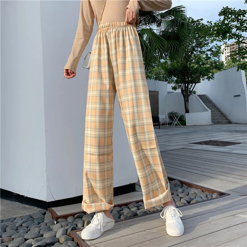 

New Casual Loose Wide Leg Long Pant Plaid Straight Pants High Waist Plus Size Trousers Women Girls Korean Pant Streetwear