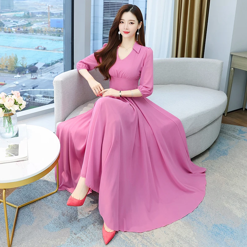 

2022 Spring Summer New Arrival Hot Sale Leisure Turn-down Collar Three-quarter Sleeve Solid Color Women Chiffon Long Dress