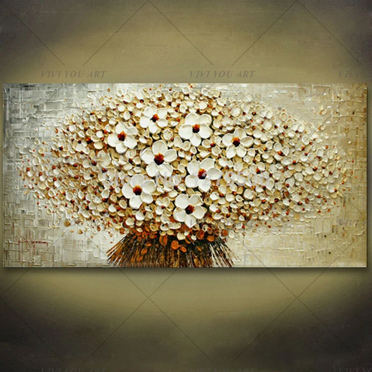 

Top handmade thick palette knife oil painting on canvas beige colour plain abstract flowers modern home decor wall art picture