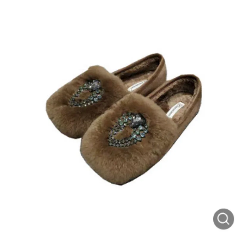 

Women Winter Flats Luxury Rhinestones Faux Rabbit Hair Shoes Round Toe Plus Size 42 Breathable Slip-ons Khaki Black Casual Grey