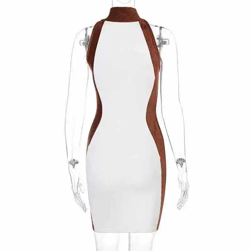 

WEPBEL Summer Sexy Bandage Sleeveless Hollow Out Stand Collar Mini Dress Women's Elegant Slim Fit Patchwork Dress