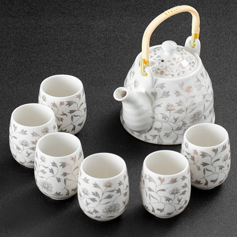 

Tea Set 2021 Modern Ceramic Chinese Style Printing 960ml Teapot + 6 180ml Cups Anti-corrosion Durable Tea Sets For Gift Boxes