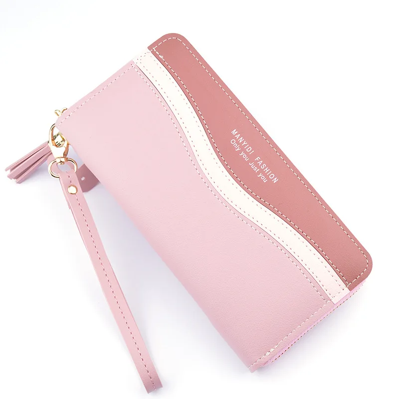 

Women Wallets Stitching Long Zipper Wristband Female Color Letter Print Card Holder Coin Purses Ladies Tassel Multi-card Wallets