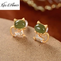 kissflower er131 fine jewelry wholesale fashion woman girl bride birthday wedding gift cute cat jade 24kt gold stud earrings