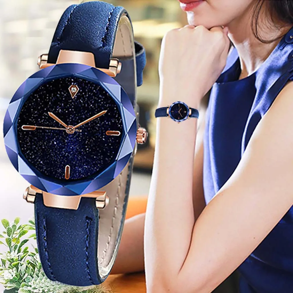 

Watch For Women Stylish Regarder Simple And Stylish Luxurious Starry Dial Convex Mirror Leather Strap Watch Relogio Feminino