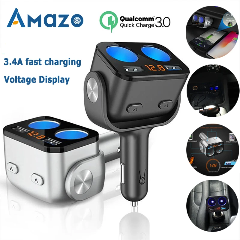 Автомобильный разветвитель с 2 USB портами 90 Вт двойным монитором напряжения QC3.0 +