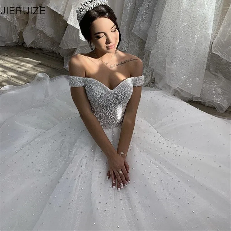 

JIERUIZE White Pearls Ball Gown Luxury Wedding Dresses Sweetheart Off The Shoulder Lace Up Back Bridal Gowns Vestido De Noiva