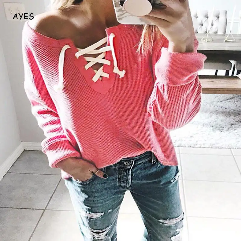 

Свитер на одно плечо женские розовые свободные трикотажные пуловеры 2019 осень длинный рукав пуловер со шнурком сексуальный уличная трикота...