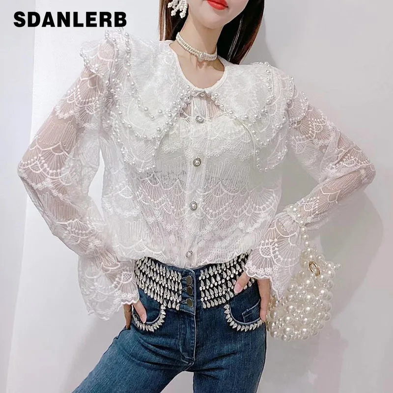 

2021 Autumn Heavy Industry Beads Lapel Sweet Western Style Long Sleeve Base Mesh Shirt Women's Solid Color French Lace Blouse