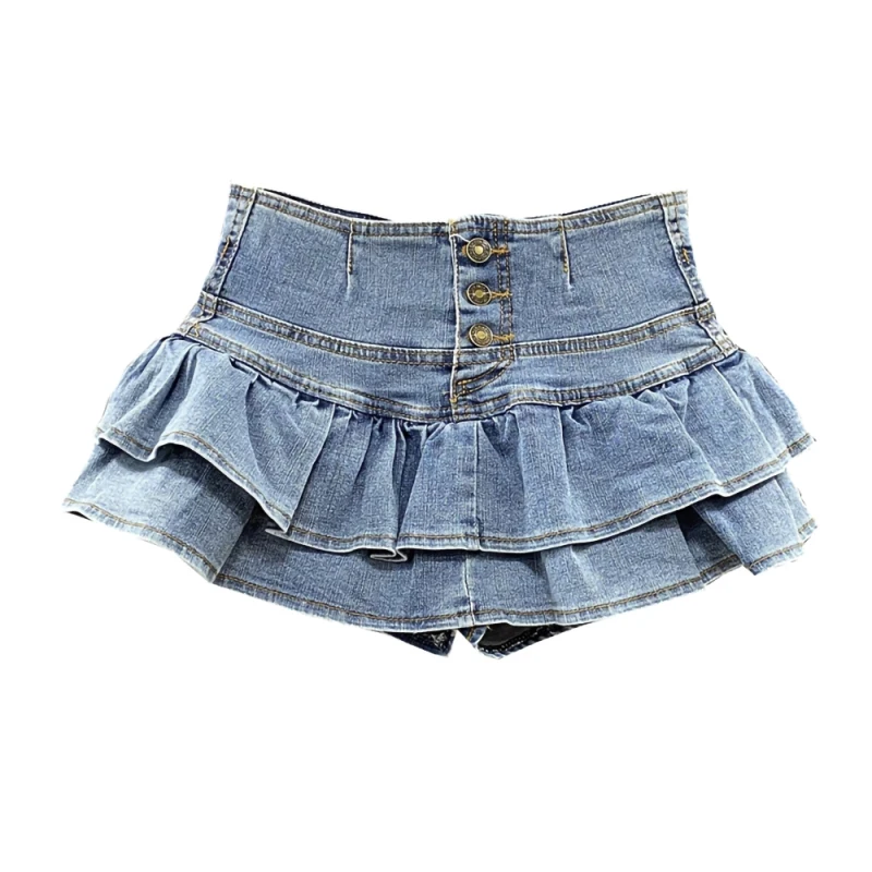 

Korean Fashion Summer Y2k Single-breasted Women Skirt High Waist Ruffled Cake Sexy Short A-line Fluffy Female Denim Mini Skirts