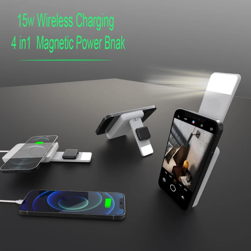 

New 4 in1 Magnetic Wireless Power Bank Ring Light Phone Holder Watch Wireless Charging For iPhone 12 13Pro Max Auxiliary Battery