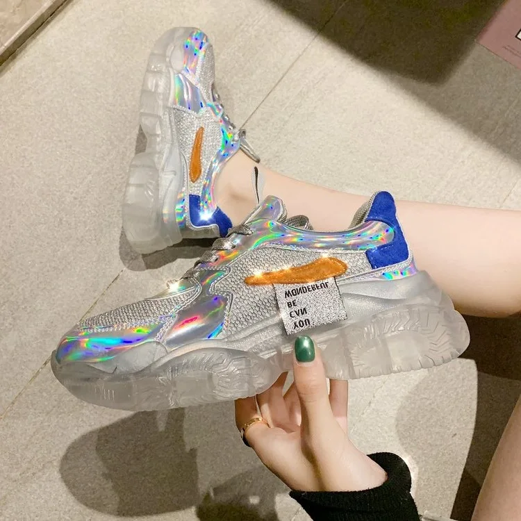 Весенние трендовые женские прозрачные кроссовки Harajuku женская прозрачная обувь на платформе повседневная обувь с лазером блестящая беговая Обувь