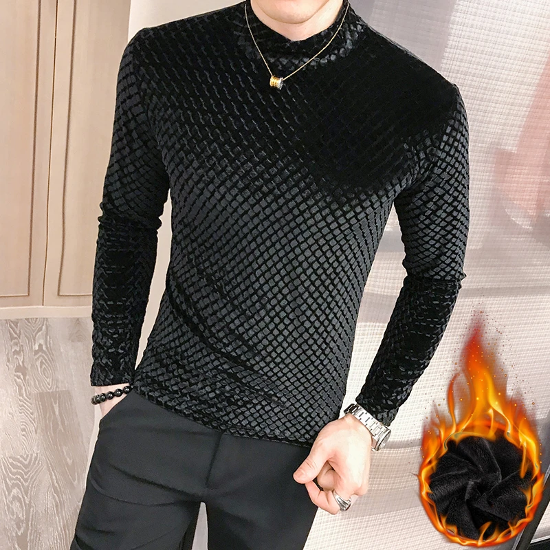 Fashion men plaid sweater long sleeve pullover winter thick warm turtleneck black casual pullover male slim fit knitted sweater - Цвет: Черный