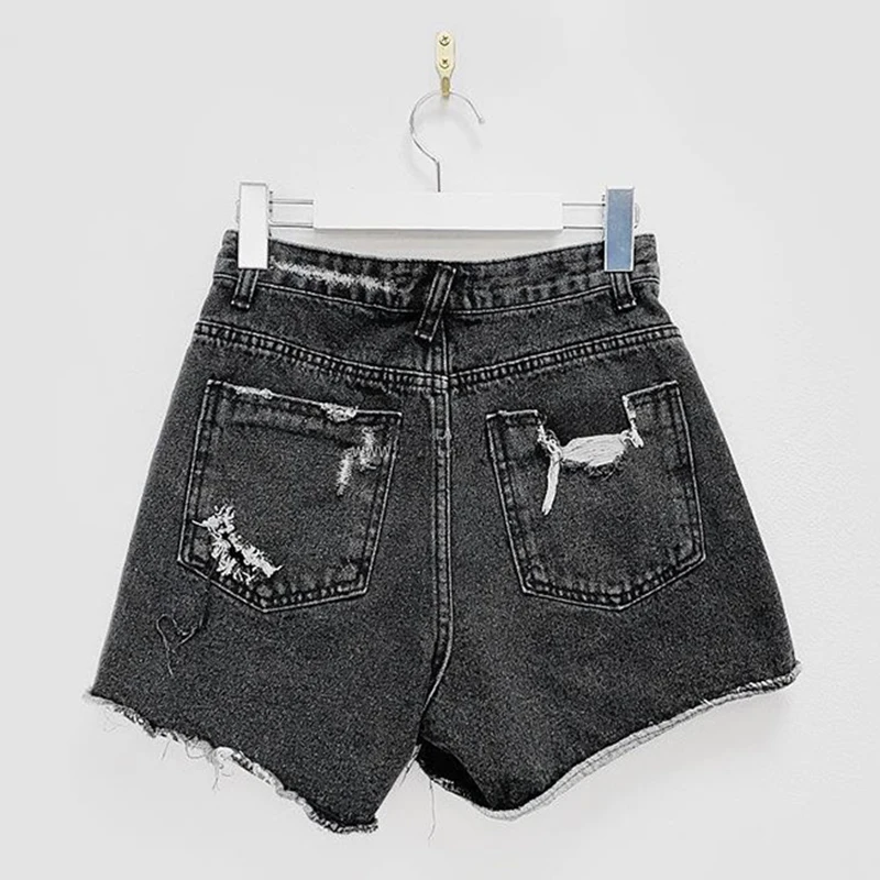 

Summer Denim Shorts Women Raw-edge Ripped High Waist Straight Hot Pant Harajuku Holes Beach Sexy Hot Pants Plus Size Black Jeans