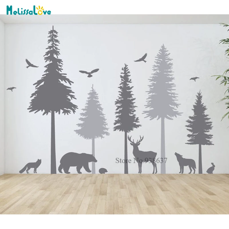 Лесной питомник сосна с животными медведем лиса Детская комната Наклейка