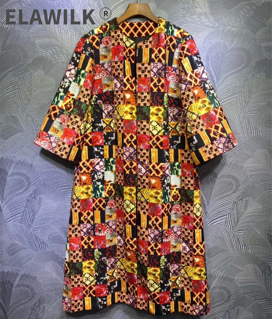 

2021 Sping runways retro print O-neck overcoat Italy style women's rivets vintage Trench coat C719