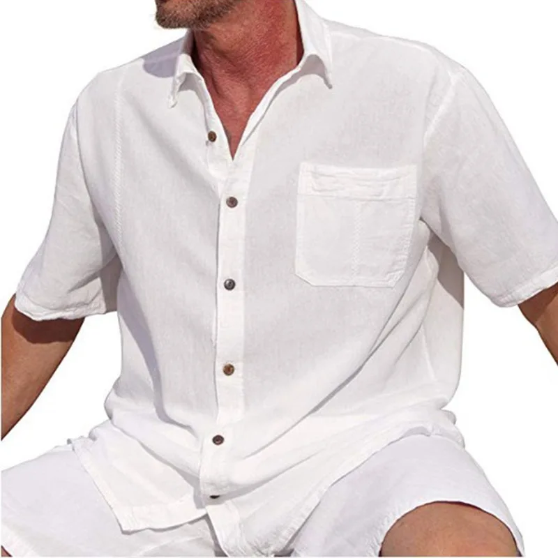 Мужская льняная рубашка, повседневная Однотонная рубашка в стиле хип-хоп, с карманами, короткими рукавами, пуговицами и отворотами, 2021, T061, г... от AliExpress WW