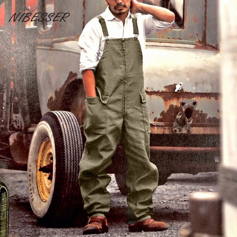 

NIBESSER Mens Bib Overalls Winter Walk Romper Winter Warm Jumpsuit Solid Color Overalls With Big Pocket High Street Trousers