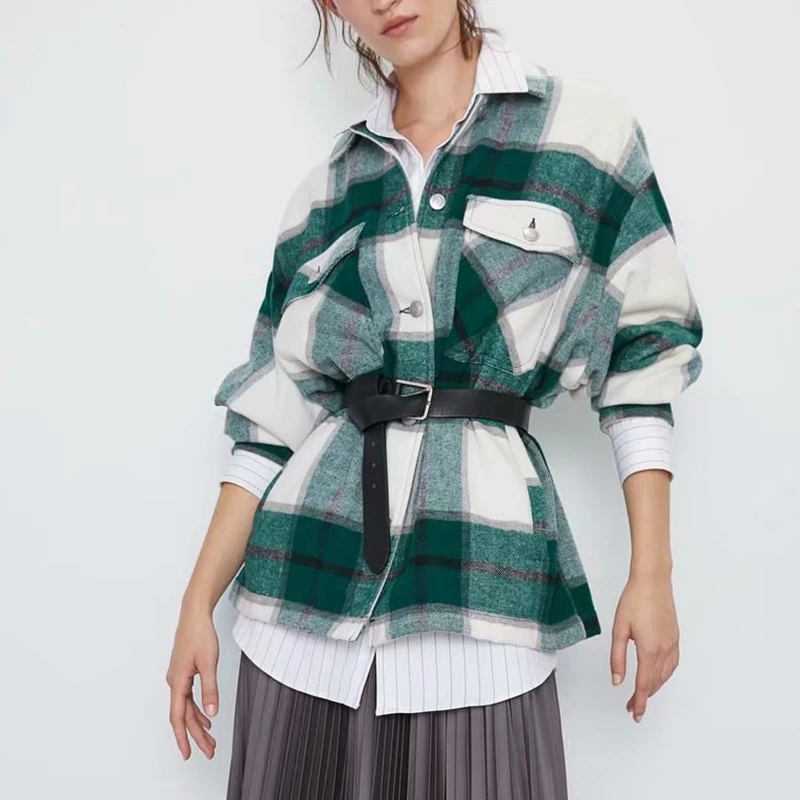 Женская клетчатая куртка зеленая Свободная в Корейском стиле большие размеры