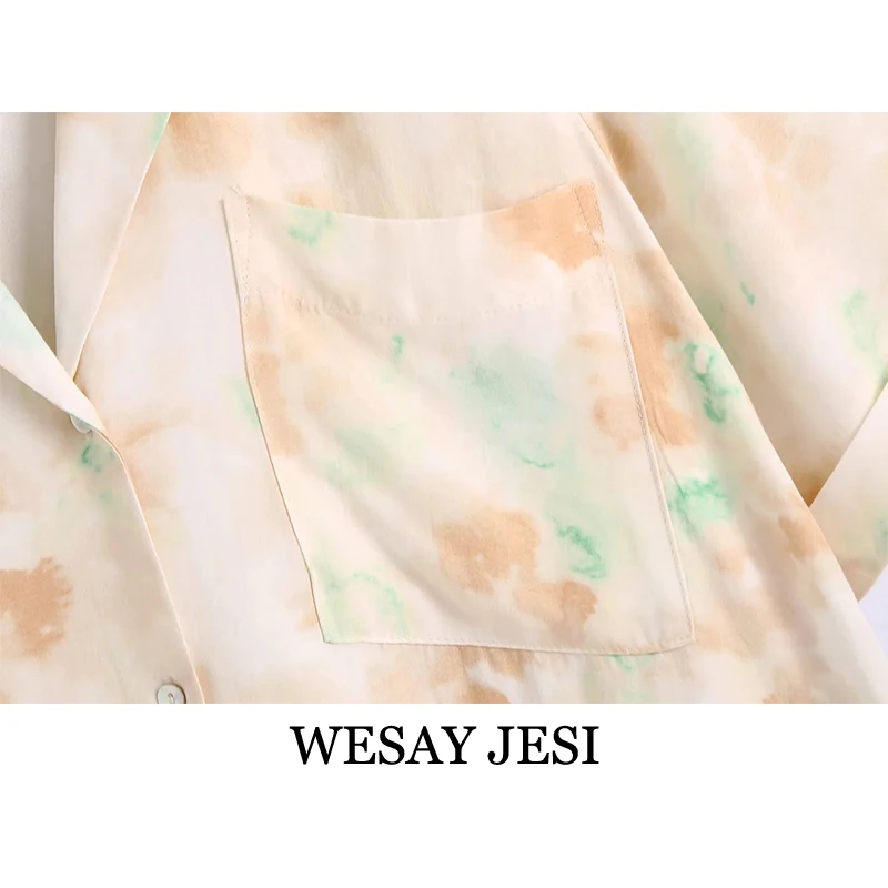 

WESAY JESI 2021 Summer Ladies Top Tie-dye Printed V-neck Short Sleeve Button Pocket Loose Shirt Set Fashion Retro Commuter Shirt