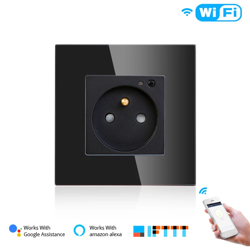 Black FR WiFi умная настенная 16А розетка стеклянная панель французский умный жизнь/туя пульт дистанционного управления, работает с Amazon Echo Alexa Google Home - Цвет: Black