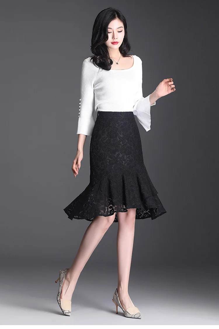 

High Waisted Ruffles Black Knee-length Fishtail Skirts Spring New Women Elegant Office Lady Plus Size Casual Bodycon Skirts 2006