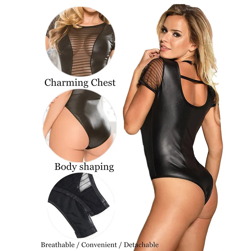 Боди размера плюс с коротким рукавом из кожи Женский облегающий топ круглым