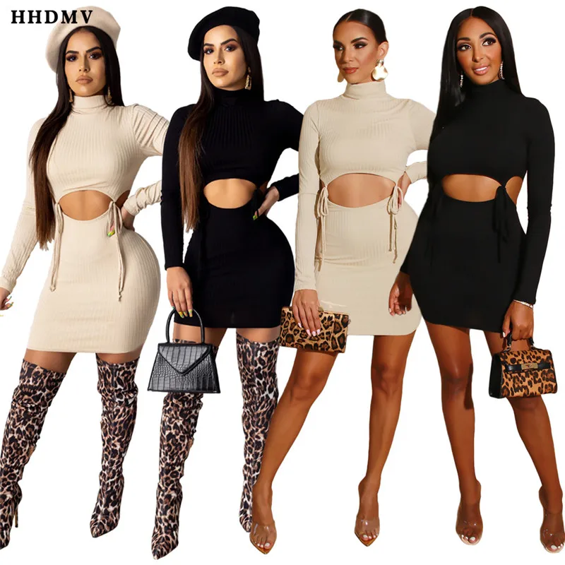 HHDMV ASL6208 fashion elegant high street girl style short dresses long sleeve collar hollow out mini | Женская одежда