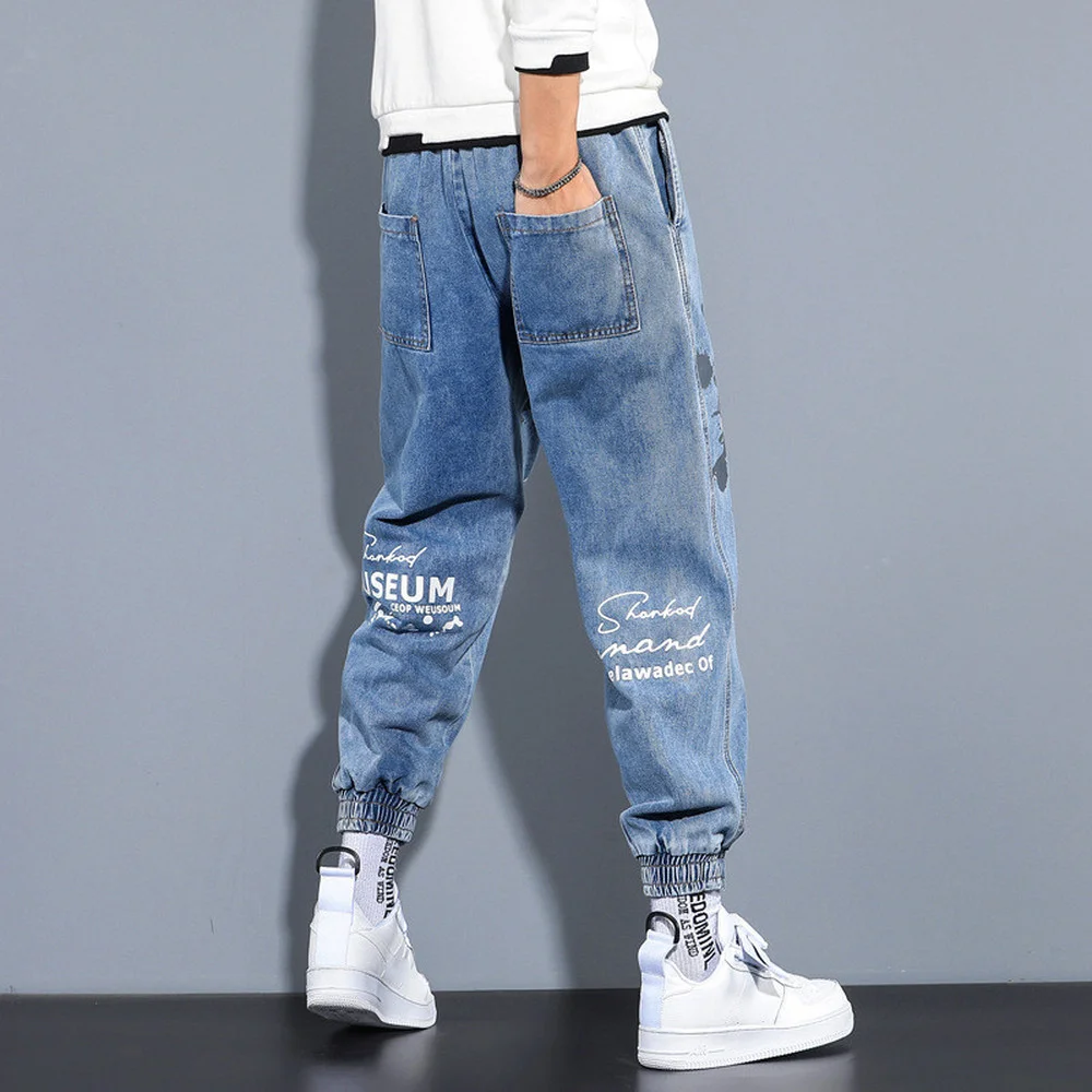 Spring Jeans Men Harlan Loose Casual Tie Foot Pants Trend Drawstring Men's English Offset Printing Trousers Youth Hip-hop Wear