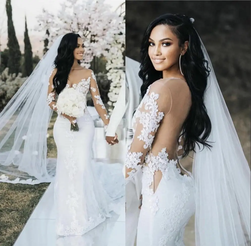 

New Arrival Elegant Mermaid Wedding Dresses Long Illusion Sleeve Sheer Back Court Bridal Gowns Lace Appliqued Wedding Dress