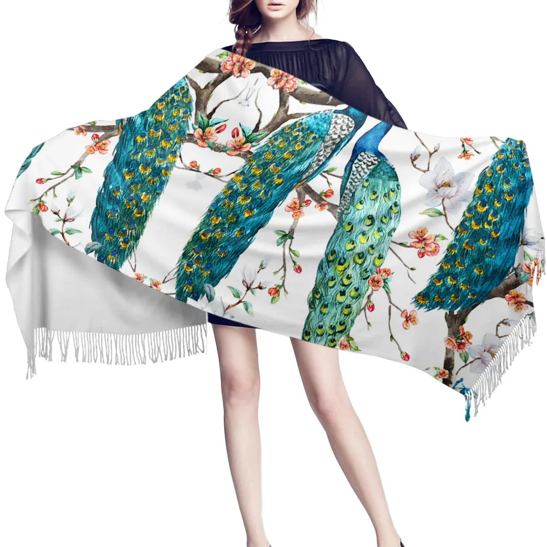 Мягкие кашемировые шарфы три павлина стоячие на ветке женские тонкий длинный