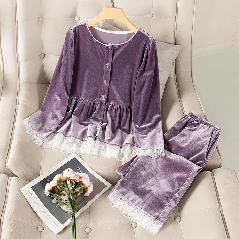 Gold Velvet Pajamas Women's New Winter Sexy Lace Home Service Two-piece Suit Pajama  Set  Sexy Nightwear