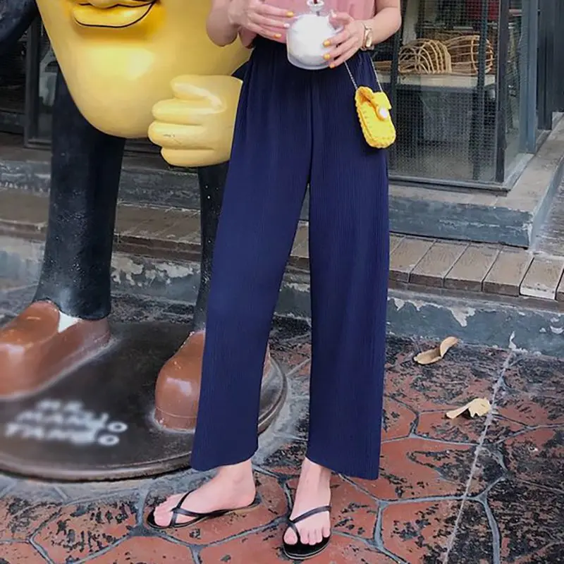 

Women Wide-leg Thin Pants Summer Ankle Length Solid Color Ladies Straight Trousers