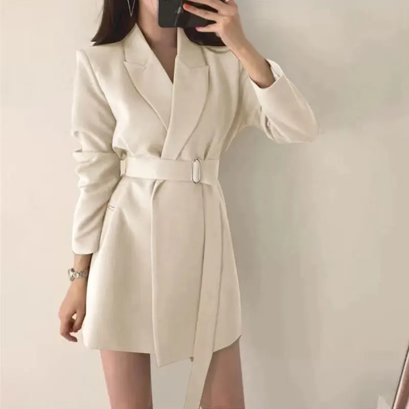 Модные весенне-осенние женские длинные блейзеры куртка с поясом женская верхняя