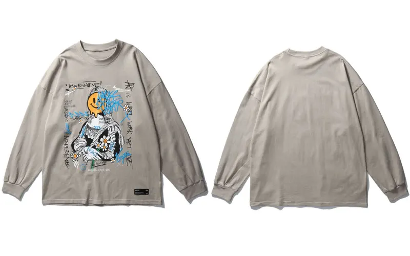 

Funny Graffiti Mona Lisa Face Daisy Flowers Print Long Sleeve Tees Shirts Streetwear Hip Hop Harajuku Casual Tshirts