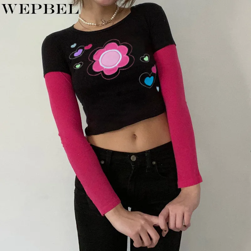 

WEPBEL Women Spring Elegant Fake Two Piece Floral Print Skinny Shirt Top Ladies Patchwork Slim Fit Bottoming T-shirt