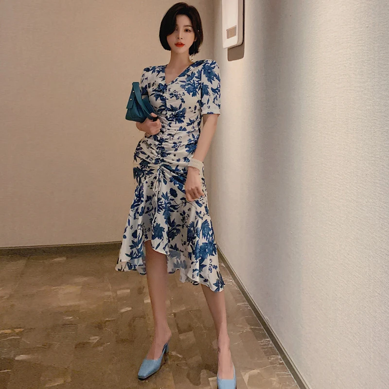 

new arrival fashion party dress women elegant summer puff sleeve print beach temperament office lady chiffon slim mermaid dress