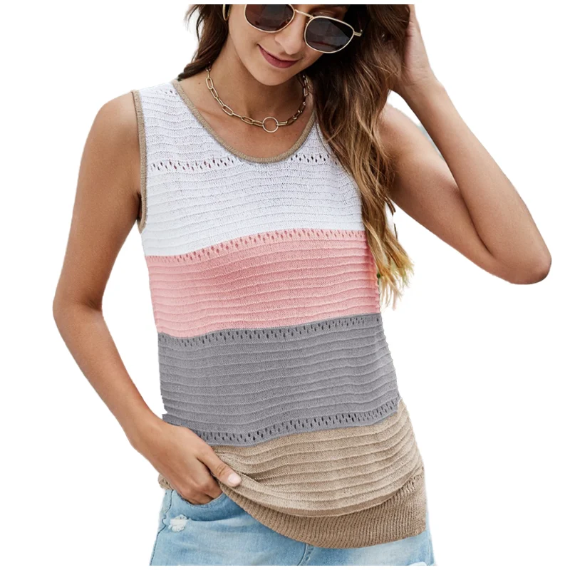 

Women Casual V-Neck Stripes Color patchwork Knit T- Shirts 2021 Summer Female Sleeveless Tops Loose Pullover Tshirts Tanks Tops