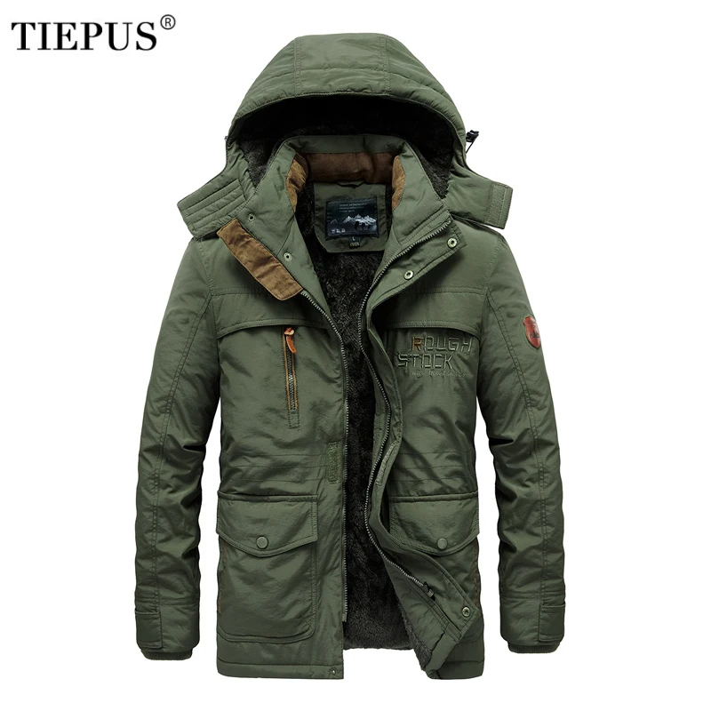 TIEPUS плюс размер 5XL, 6XL зимняя куртка мужская парка Толстая шерстяная подкладка мульти-карман повседневное хлопковое пальто в стиле милитари Мужское пальто с капюшоном