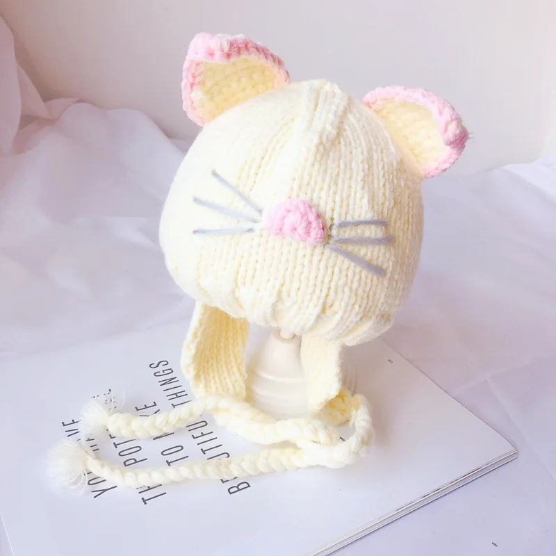 White Cat Новинка года, вязаная детская шапка с ушками, мультяшная ручная работа, детский чепчик, зимняя детская шапочка розового/белого/бежевого цвета для детей 5-18 месяцев - Цвет: White Cat