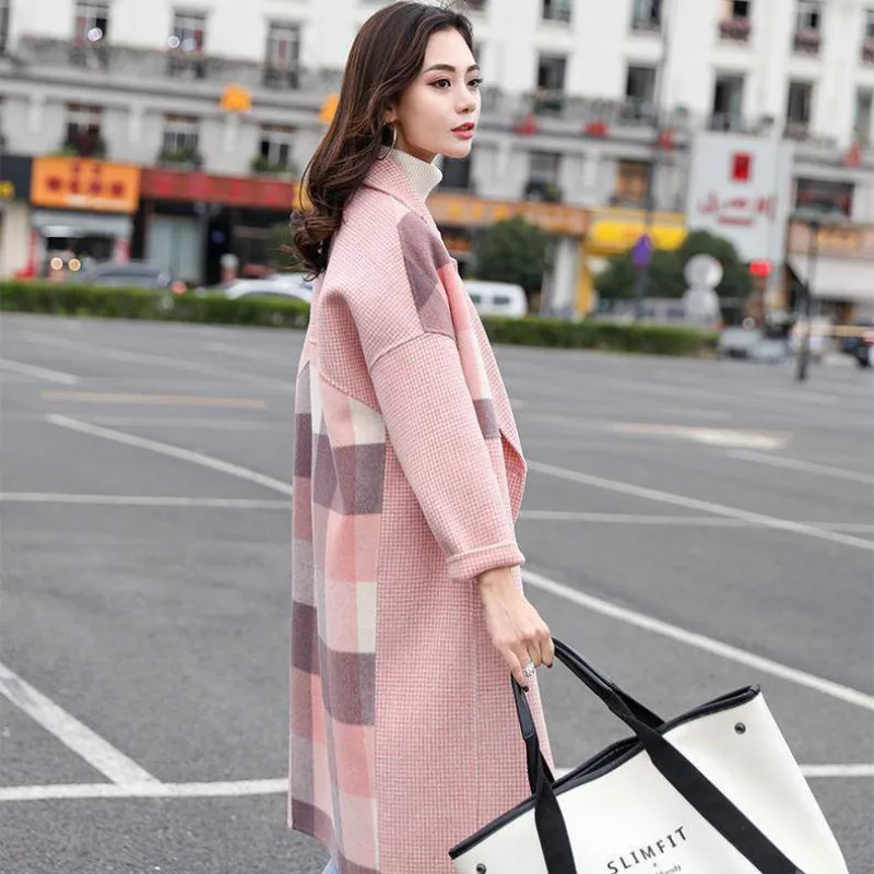 

Plaid Stitching Woolen Coat Women's Mid-length Style 2021 Spring New Loose and Thin Woolen Coat Women's Fashion Trend