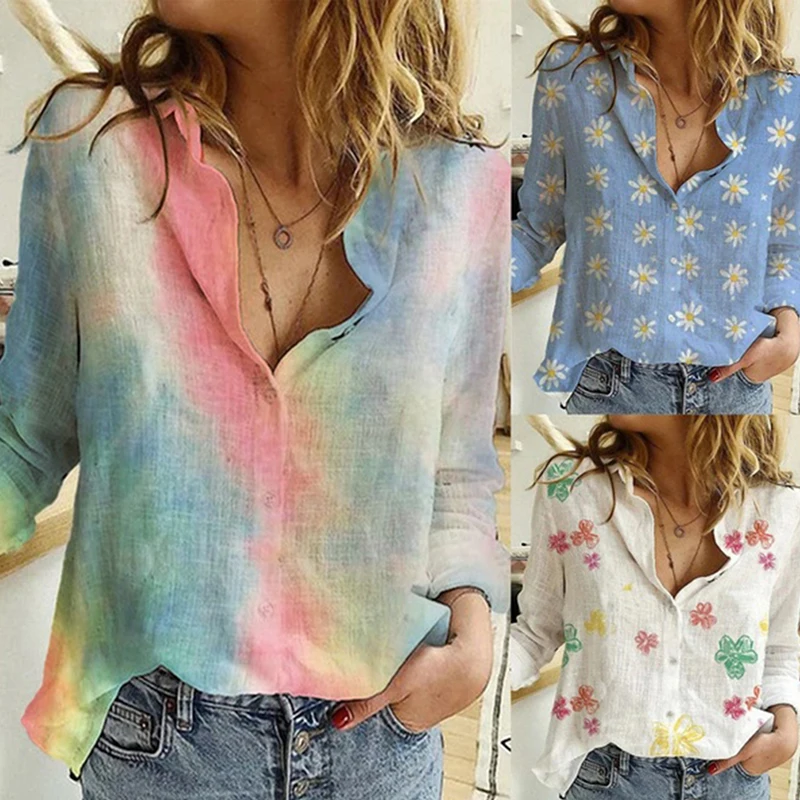 

Womens Blouses Spring Autumn Tops Leisure Shirts Button V Neck Cardigan Top Loose Long Sleeve Oversized Shirt Blusas