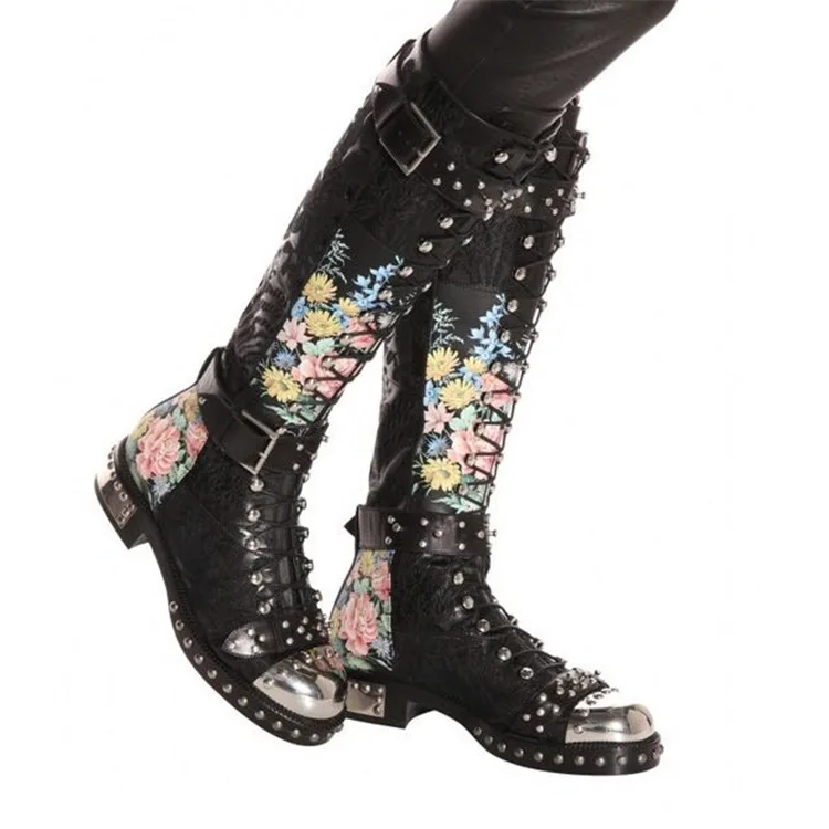 

head bandage printing high tube 2021 casual rivet leather thick bottom women's boots large size