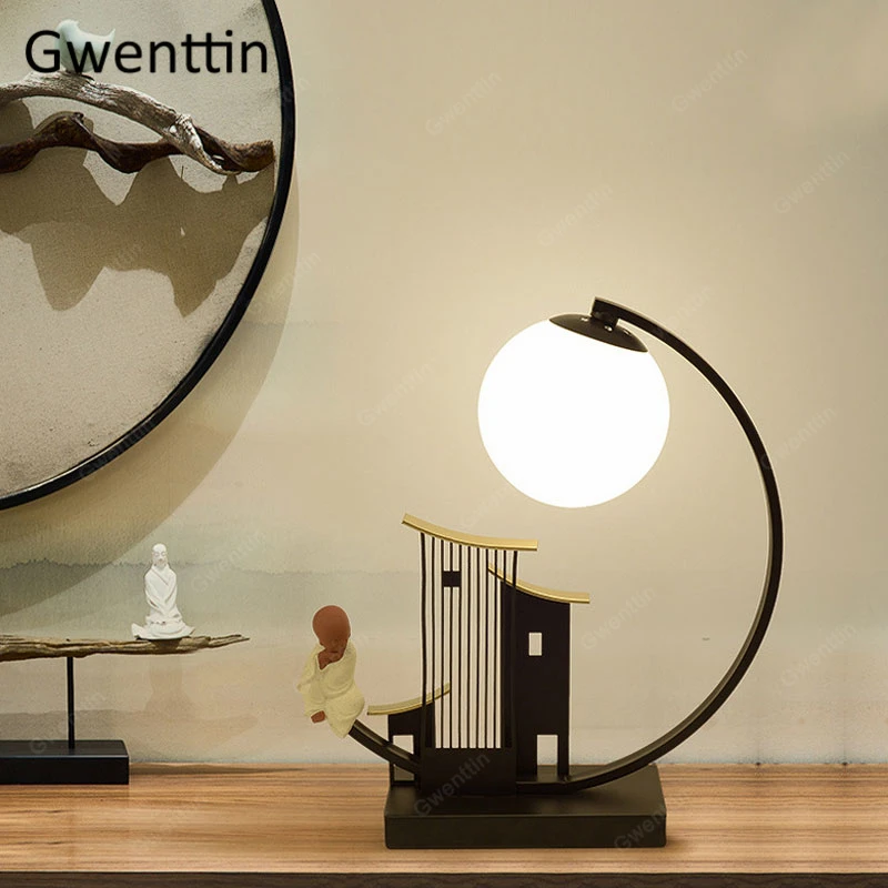 Настольная лампа в китайском стиле винтажная черная железная для гостиной