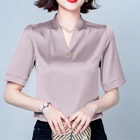 2021 korean summer womens shirt blouses for women short sleeve shirt red v neck blouse tops female woman button basic shirts ol
